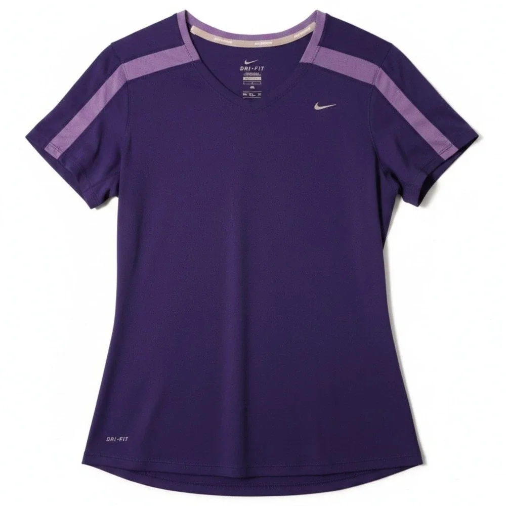 Nike Running Shirt Women Large Purple Dri Fit V Neck Athletic Active Jogging Tee